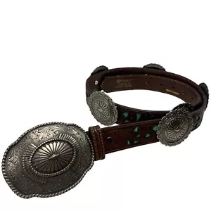 Ariat Women's Concho Belt Turquoise Underlay Floral Tooled Leather 40" Long Sz M - Picture 1 of 17