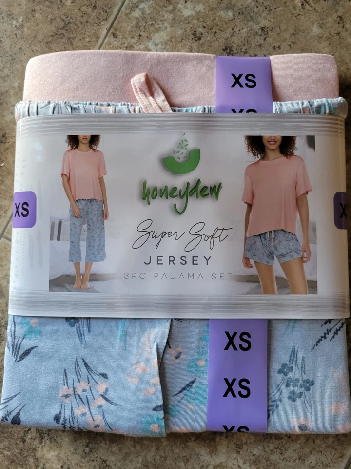 Conjunto de pijama de 3 piezas jersey súper suave Honeydew para mujer Capri rosa azul floral XS Foto 1 de 2