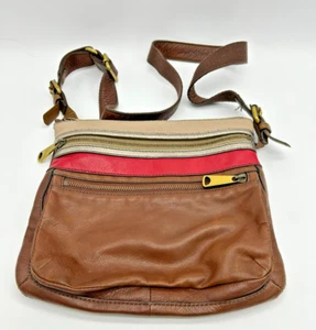 Fossil Explorer Bag Brown w Tan, Red & Silver Accents Leather Authentic Vintage - Picture 1 of 13