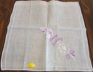 Vintage Hankie Purple Rose Floral Embroidered Happy Birthday and Eyelet NICE! - Picture 1 of 3