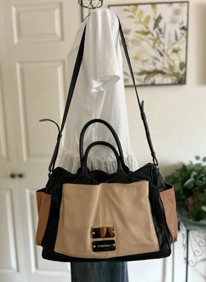 See By Chloe Black/ Beige Leather Colorblock Satchel Crossbody Bag - Image 1 of 4