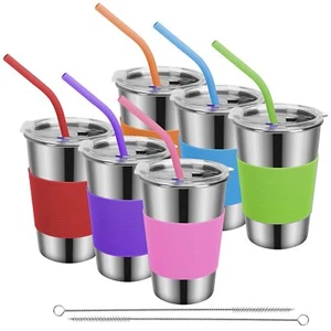 6 Pack Kids Cups with Silicone Straws and Lids 16oz Stainless Steel Water Dri... - Picture 1 of 7