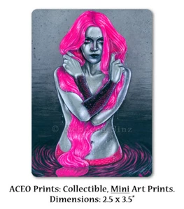 Gothic Mermaid Fantasy Art ACEO PRINT Neon Hot Pink Black Fluorescent - Imagen 1 de 3