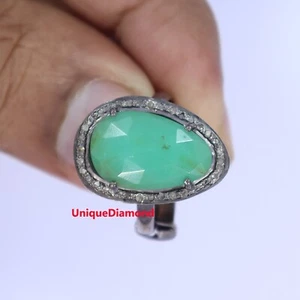 Natural Chrysoprase & Diamond Adjustable Ring 925 Silver Handmade Ring Gift item - Picture 1 of 10