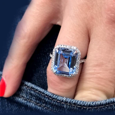 Ring im Smaragdschliff 6,05 ct im Labor gezüchteter blauer Saphir Platin PT95... - Bild 1 von 4