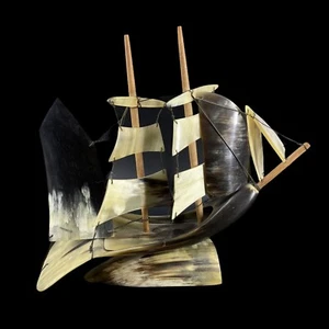 Vintage Bull Horn Sailboat Schooner Primitive Handmade Ship Model 10”X11” Italy - Picture 1 of 8