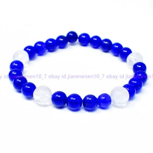 Natural 8-10mm Blue Onyx & White Quartz Round Gems Beads Stretch Bracelet 7.5'' - Picture 1 of 12