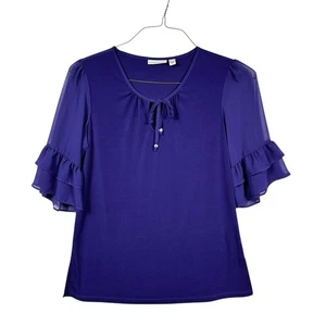 Susan Graver Liquid Knit Purple Keyhole Double Ruffle Sleeve Blouse Small Purple - Picture 1 of 10