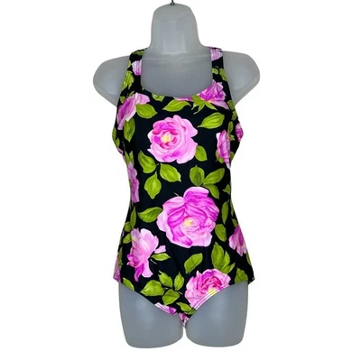 Traje de baño floral SPEEDO para mujer talla 12 UNA PIEZA NEGRO, rosa, verde, espalda deportiva Foto 1 de 4