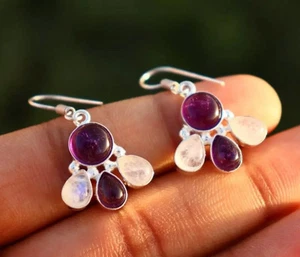 Moonstone, Amethyst stone Handmade 925 Sterling Silver Jewelry Earring for women - Picture 1 of 2