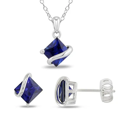AMOUR 3 3/4 CT TGW Square Created Blue Sapphire Wave Pendant with Chain and Stud - Image 1 of 4