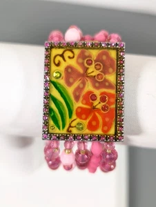 Butterfly Resin Tile Beaded Bracelet Pink Rhinestone Multi Strand Stretch Boho - Picture 1 of 7