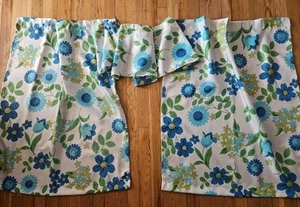 Vintage blau grün 70er MCM Fiberglas Flower Power Gänseblümchen Cafe Vorhänge Volant - Bild 1 von 6