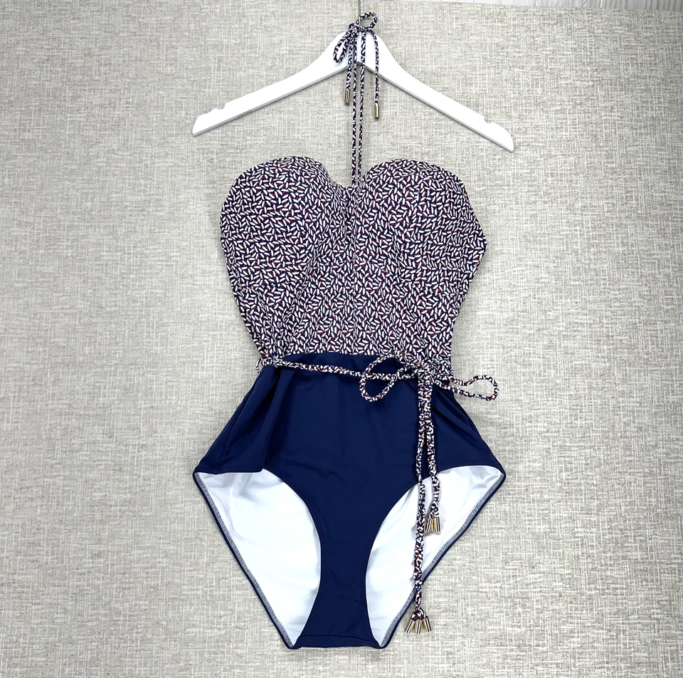 Huit 8 Paris One Piece Swimsuit Womens 38D Navy Print Halter Belted Ruched - Image 1 of 4