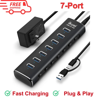 Powered USB 3.0/USB C Hub, Aluminium 7-Port USB Hub Splitter with AC Adapter LED - Image 1 of 4