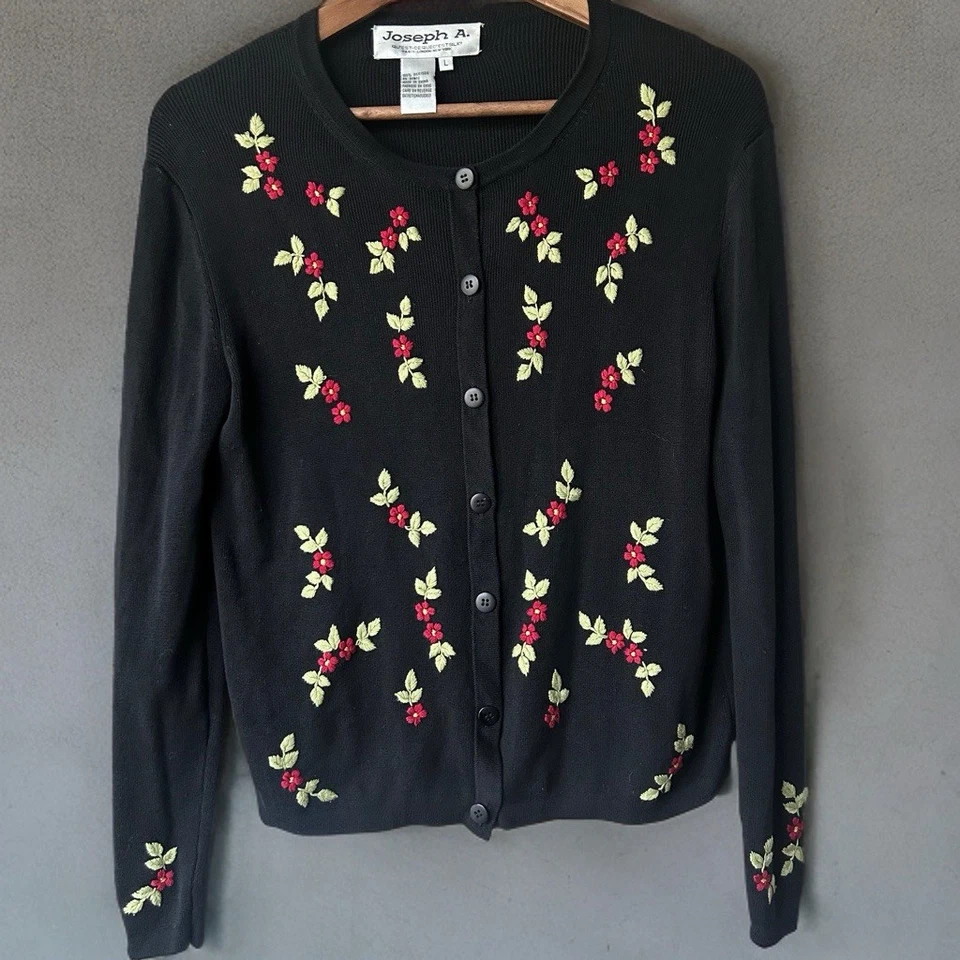 Joseph A. Cárdigan Floral Bordado Seda Negro | 100% Seda | Talla L Foto 1 de 4