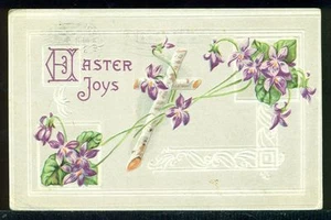EASTER JOYS Birch Bark Cross Flowers 1917 Vintage Antique Postcard - Picture 1 of 1