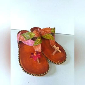Spring Step Leather Flower Thong Sandals Wedge Heel Comfort Brown Size - Picture 1 of 4