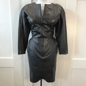 Abito vintage in pelle d'agnello XS Linda Dresner donna pelle nera bodycon midi - Foto 1 di 13