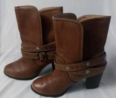 Fossil Leather Heeled Harness Boots-Women's Size 8-Concho Belted-Camel Tan-NICE - Image 1 of 4