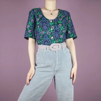 VINTAGE Womens 70s Purple Green Blue Floral Paisley Womens Blouse Top S 10 12 - Image 1 of 4