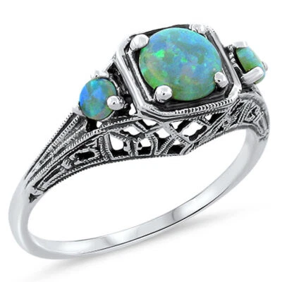 3 STONE DECO ANTIQUE STYLE 925 STERLING SILVER LAB-CREATED GREEN OPAL RING  411X - Image 1 of 4