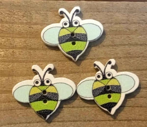 3 Green Bumble Bee Crafting Buttons Sewing Wood 2 Hole 7/8" - Picture 1 of 2