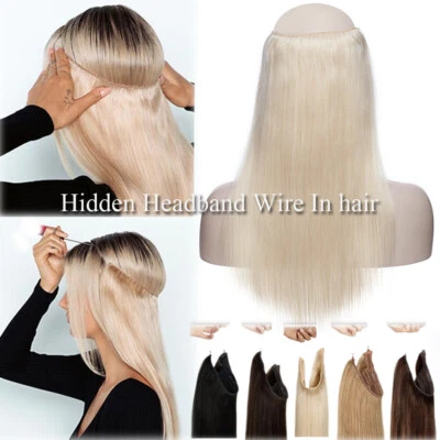 Invisible Wire In Hair Extensions 100% Remy Human Hair Hidden Headband One Piece — 第 1/4 张图片