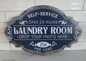 Large Metal LAUNDRY ROOM Wall SIGN~Primitive/French Country Decor*Navy Blue - Picture 1 of 3