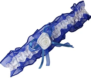  Braut-Strumpfband königsblau weiß mit Schleife, Röschen, Glanznaht Hochzeit EU - Bild 1 von 1