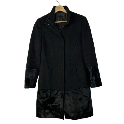 Abrigo Dawn Levy Trinity Negro Lana Botón Frontal Dobladillo Piel Guisante M Foto 1 de 4