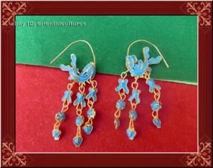 Retro palace hand filigree miao silver gilt dot blue 2sides fish earring 1pair - Picture 1 of 9
