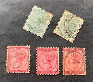 Brytyjski Natal 1882-1891 - 5 używanych znaczków Królowa Wiktoria - Dwa są wadliwe.