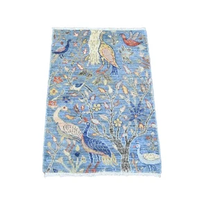2'x3' Blue Afghan Peshawar Birds Design Soft Wool Hand Knotted Mat Rug G20044 - Picture 1 of 6