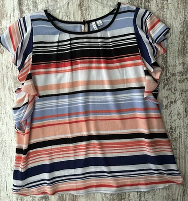 Blusa Top ELLE Para Mujer Talla L Multicolor Rayas Gasa Volantes Manga Gorra Foto 1 de 4