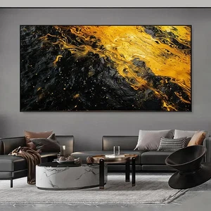 Pintura en lienzo abstracta con textura negra y dorada sin marco para vivir - Imagen 1 de 6