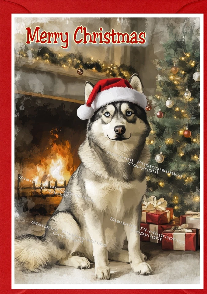 Siberian Husky Dog Christmas Card A6 (4"x 6") (Blank inside) by Starprint