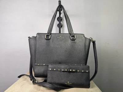 Kate Spade Black Saffiano Leather Satchel & Studded Bow Wallet Combo Set Used - Image 1 of 4