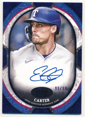 EVAN CARTER 2025 TOPPS TIER ONE RC ROOKIE BLUE AUTOGRAPH RANGERS AUTO SP #99/99 - Image 1 of 2