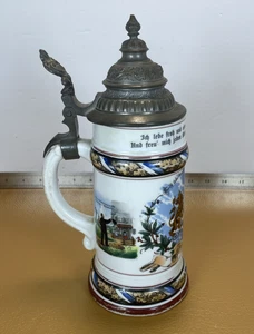 Cerveza Alemana Stein Tapa de Peltre Pintada a Mano Baviera Escénica Decoración de León De Colección Antigua - Imagen 1 de 15