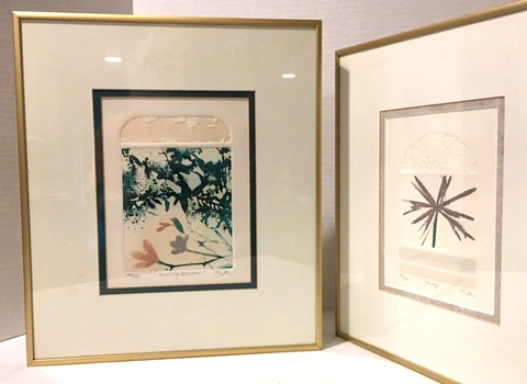 2 Contemporary Brushed Gold Aluminum Framed OOAK Embossed Mixed media Prints Cover