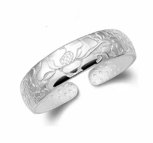 Flower Sterling Silver Engraved Bracelet Cuff Chunky Flower Sterling Women - Picture 1 of 5