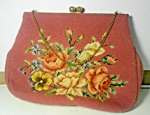 Vintage Christine Custom Bags ~ Cloth Needlepoint ~ Flower Design Purse - Picture 1 of 4
