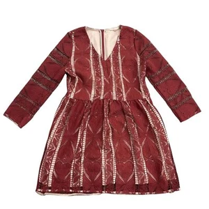 Promesa Anthropologie Lace Maroon/Brick Red Sheer Sleeved Short Dress-size Large - Picture 1 of 7