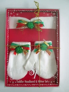 Neu mit Etikett Fun Spirit Kleinkind weiß Stirnband & Fäustlinge Set Weihnachten rot grün Schleife Mädchen - Bild 1 von 3