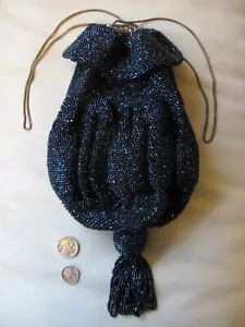 Antique Navy Crochet Iridescent Peacock Blue Bead Tassel Gathered Ball Purse - Picture 1 of 14