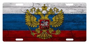 RUSSIA Flag Custom License Plate Russian Emblem Coat Of Arms Wood Version - Picture 1 of 1