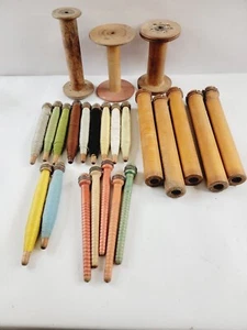 Lot Of 24 Vintage Wood Spools Quills Bobbins w/Thread  E.A. GERMANY Bowen Hunter - Picture 1 of 15