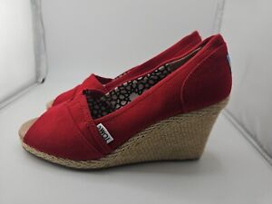 Toms Red Canvas Espadrille Peep Toe Wedge Heel Size 7 W