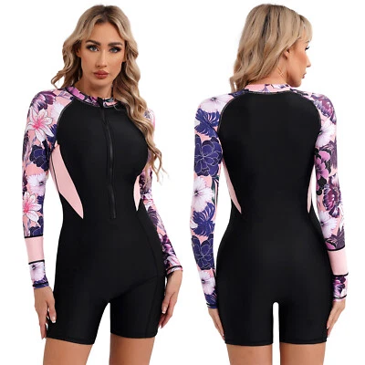 Damen Beachwear Sommer Bademode Einteiler Badeanzüge Rompers Rash Guard Langarm - Bild 1 von 3